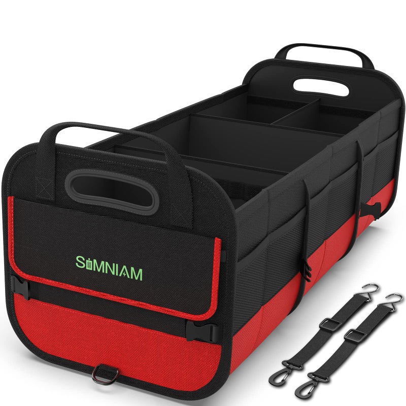 Simniam Large Trunk Organizer for Car, Collapsible Multi Compartment Car Trunk Organizer with 2 Retractable Straps, Suitable for All Kinds of Cars, SUV, Minivan - 4 Compartments Red - Image 1